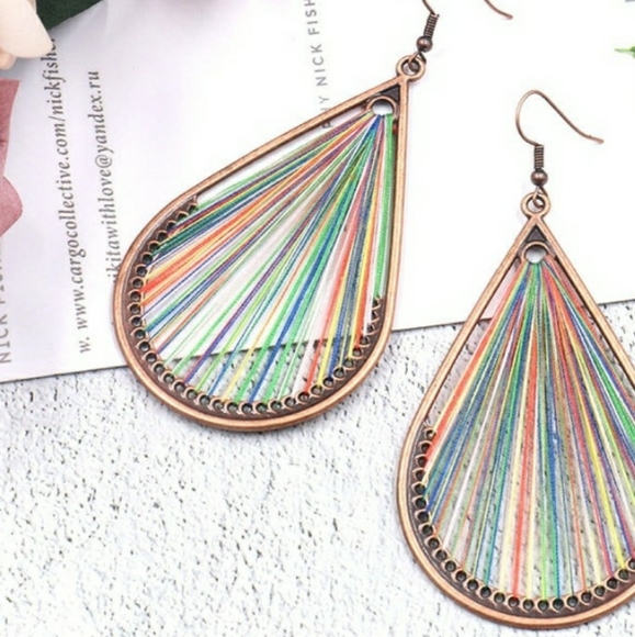 NEW Handmade Boho | Rainbow Woven Thread Earrings - Picture 7 of 11